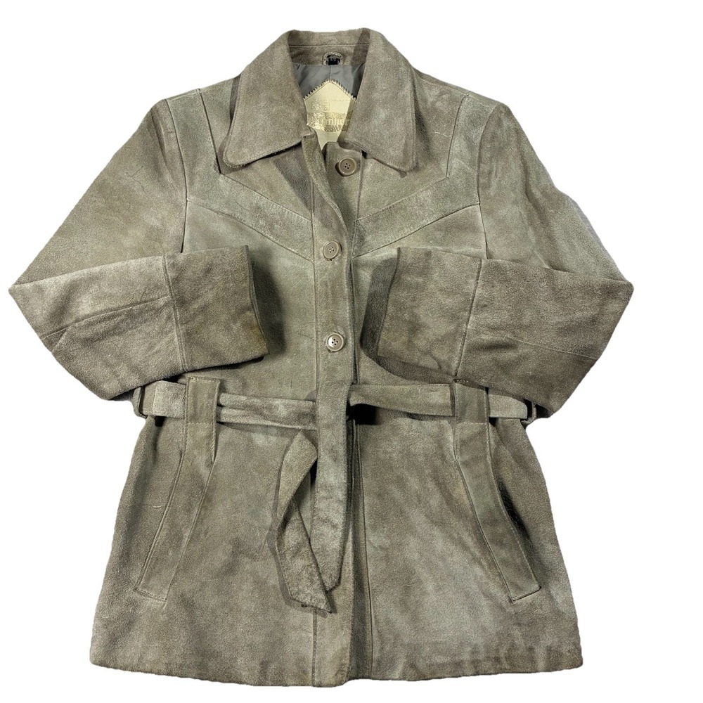 VTG 70s The Tannery x Montgomery Ward Suede Leather Coat Greige Womens 11/12